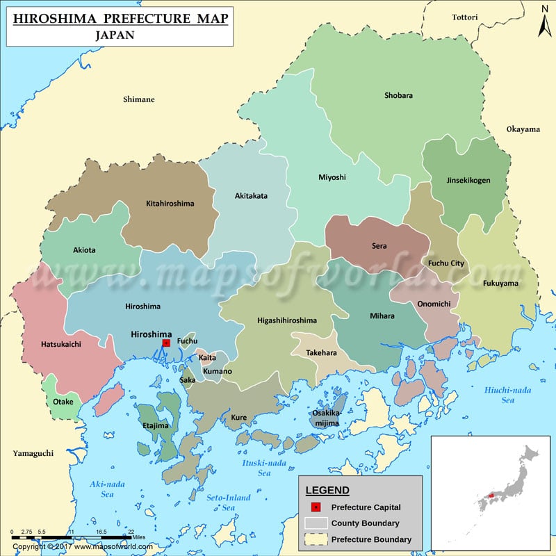 Map of Hiroshima Prefecture, Japan