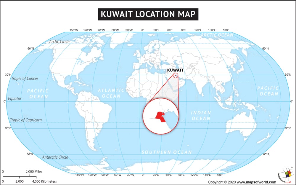 Map of World Depicting Location of Kuwait