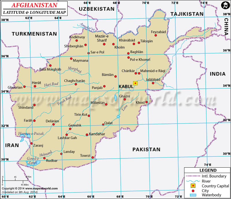 Afghanistan Latitude and Longitude Map
