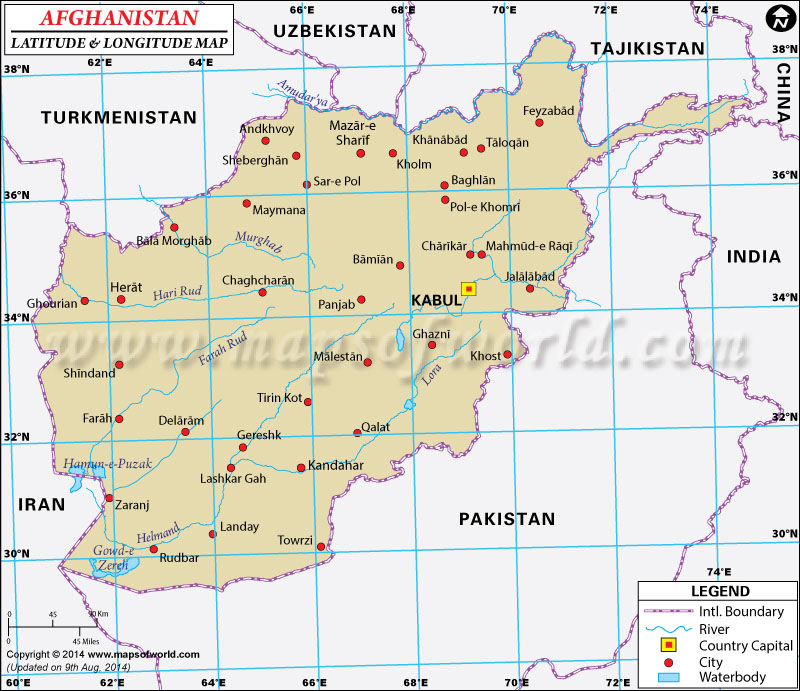 Afghanistan Latitude and Longitude Map