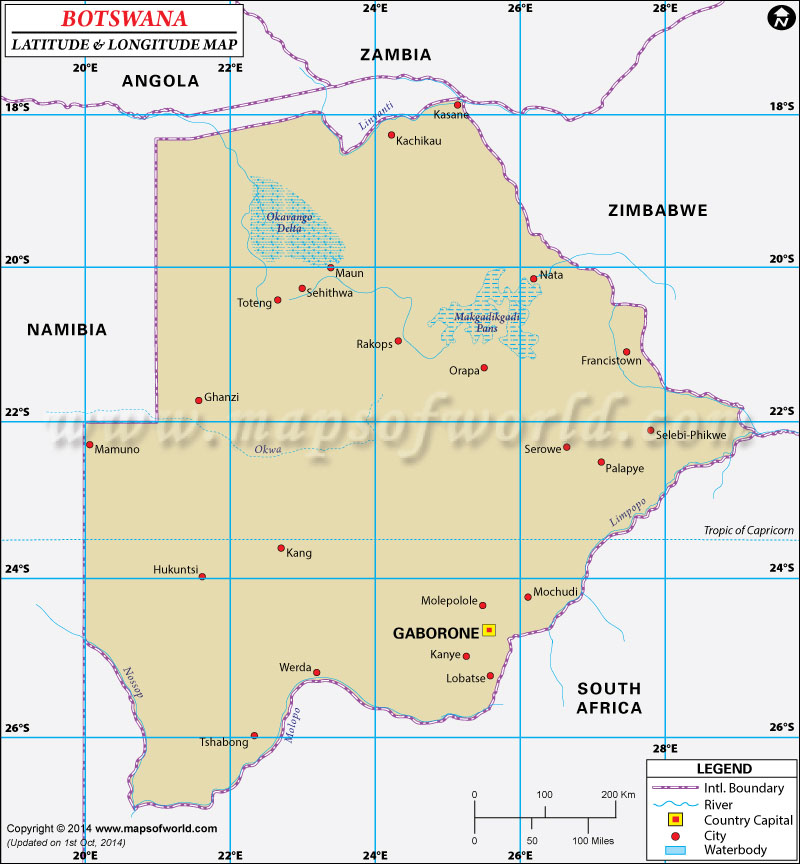 Botswana Latitude and Longitude Map