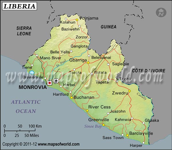 Liberia Latitude and Longitude Map