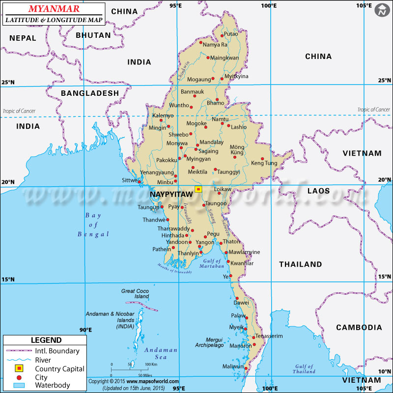 Myanmar Latitude and Longitude Map