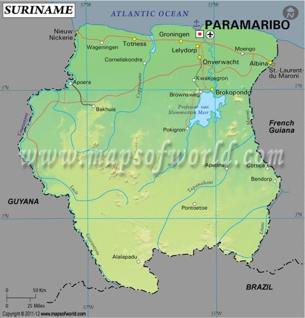 Suriname Latitude and Longitude Map