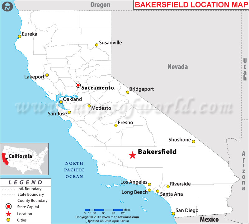 Description:Map showing the location of Bakersfield in California state of ...