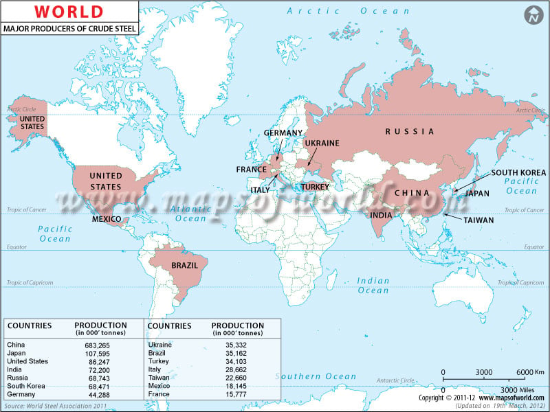 World Crude Steel Producing Countries Map
