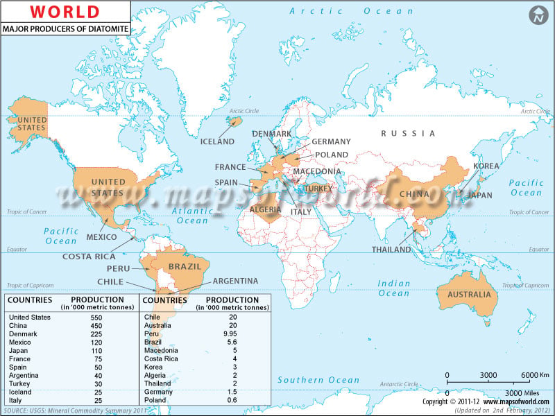 World Diatomite Producing Countries Map