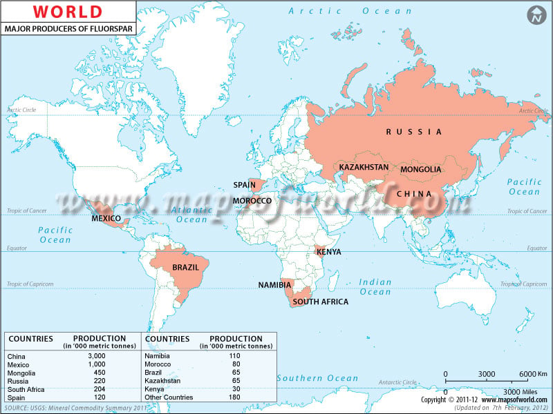 World Flurospar Producing Countries Map