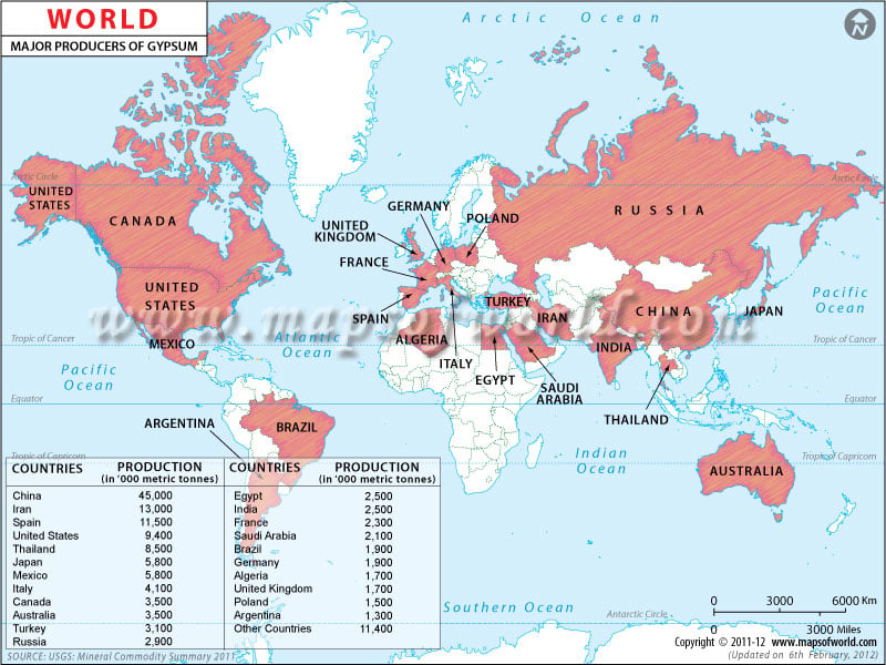 World Gypsum Producing Countries Map