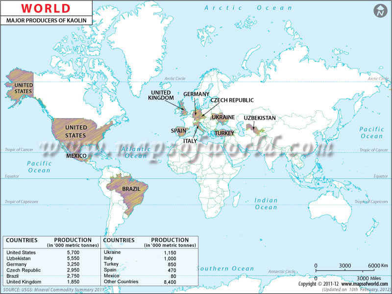 World Kaolin Producing Countries Map