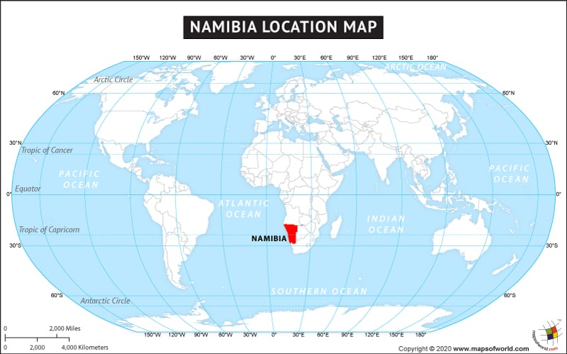 Map of World Depicting Location of Namibia