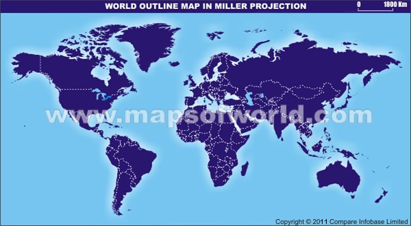 World Outline Map With Dark Colors in Miller Projection