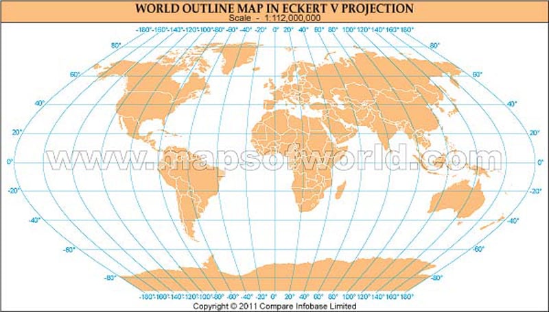World Outline Map in Eckert V Projection With Light Colors