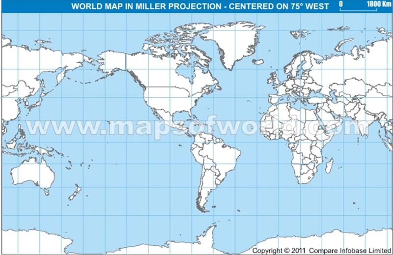 America Centric World Map In Miller Projection