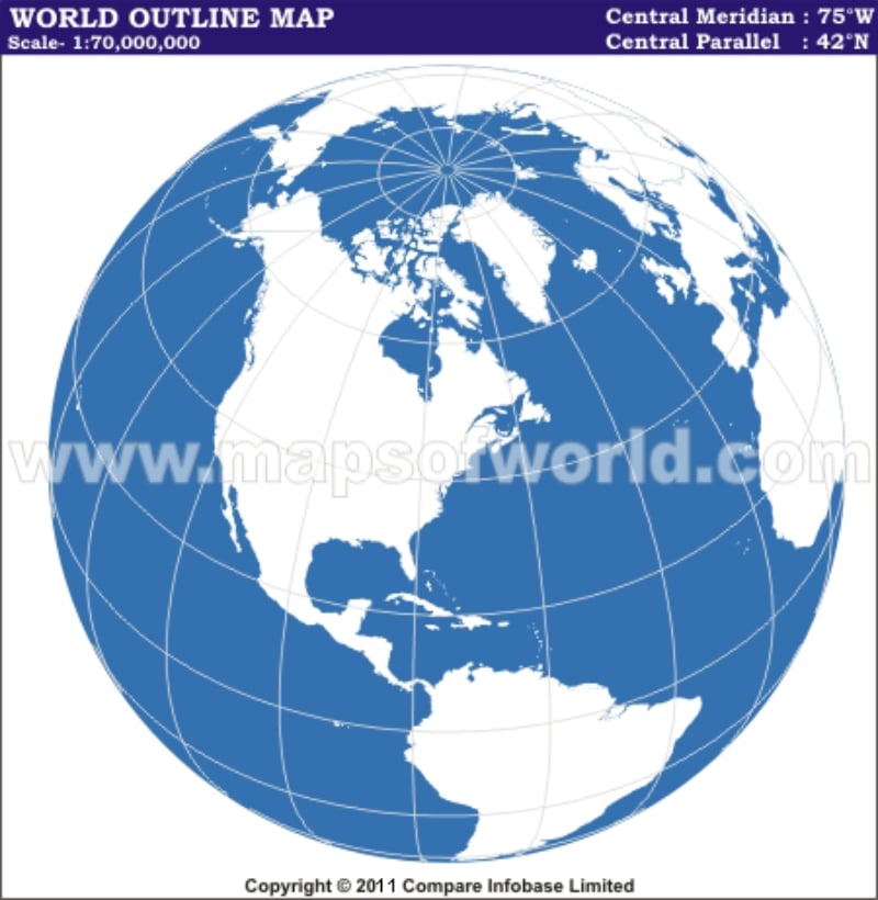 World Outline America Centred Map in World From Space Projection