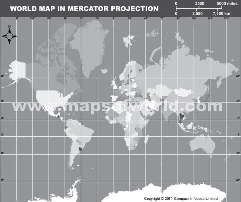 World Political Map in Mercator Projection (Grey color)