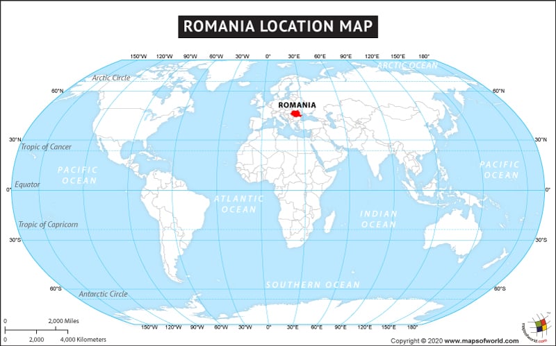Map of Europe Depicting Location of Romania