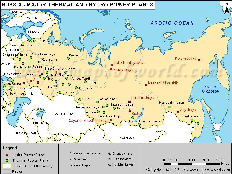 Russia Major Thermal and Hydro Power Plants Map