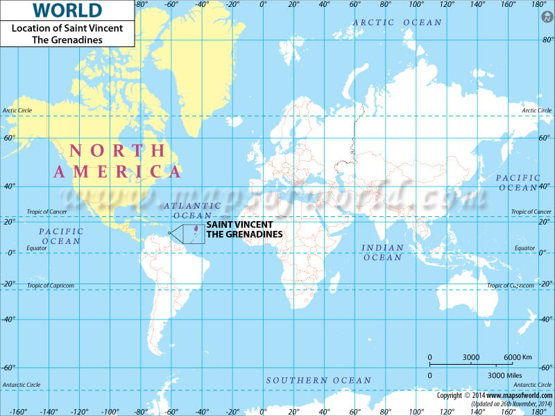 Map of World Depicting Location of Saint Vincent and the Grenadines