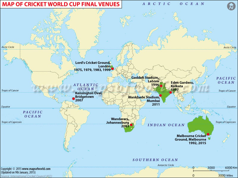 Map of Cricket World Cup Host Countries
