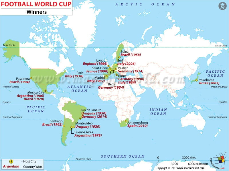 Football World Cup Winner with Host City Map