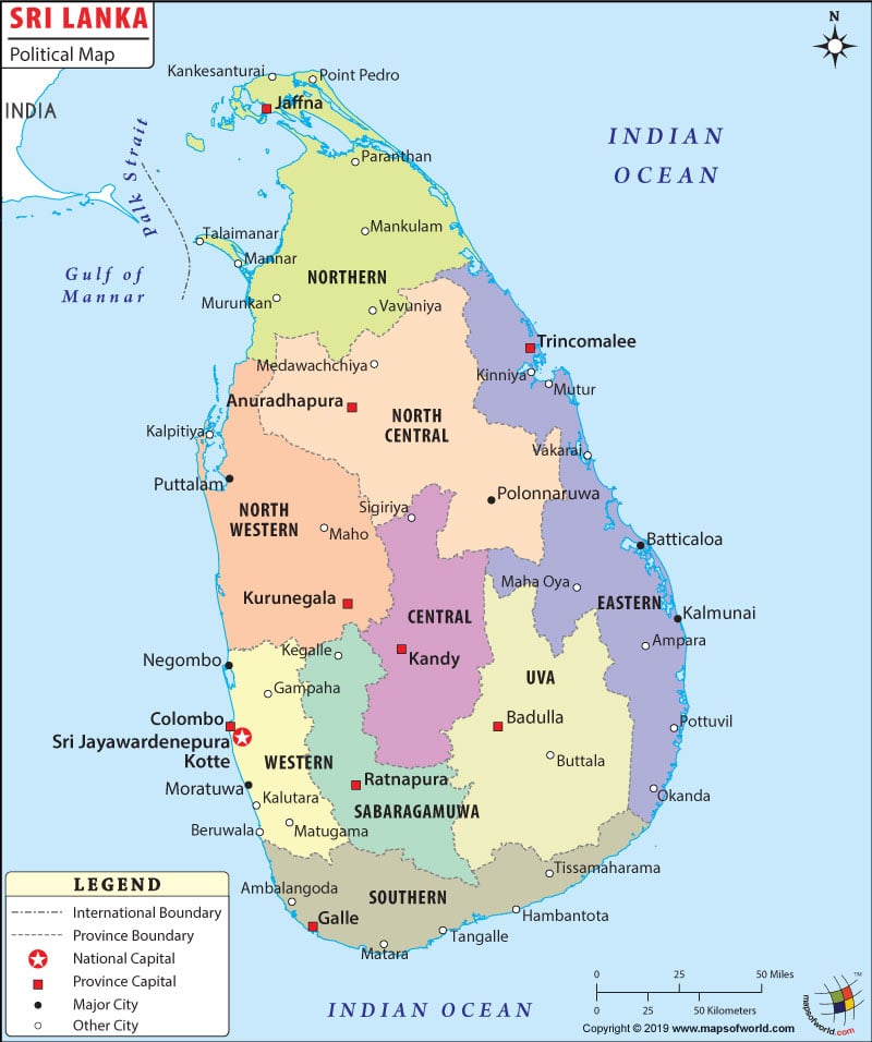 Political Map Of Sri Lanka Illustrates The Surrounding Countries With International Borders 9 Provinces Boundaries With Their Capitals And The National Capital Sri Lanka Provinces Map