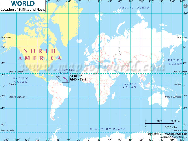 Map of World Depicting Location of Saint Kitts and Nevis