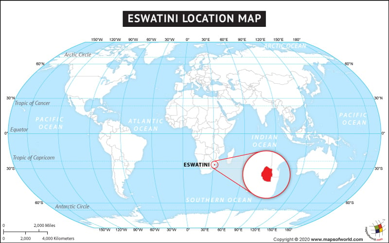Map of World Depicting Location of eSwatini (Swaziland)