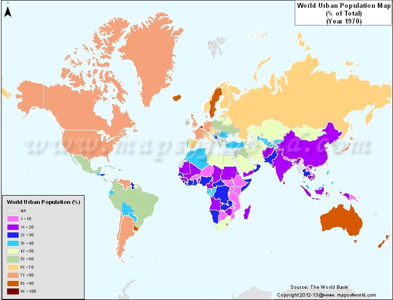 World Urban Population Map in 1970