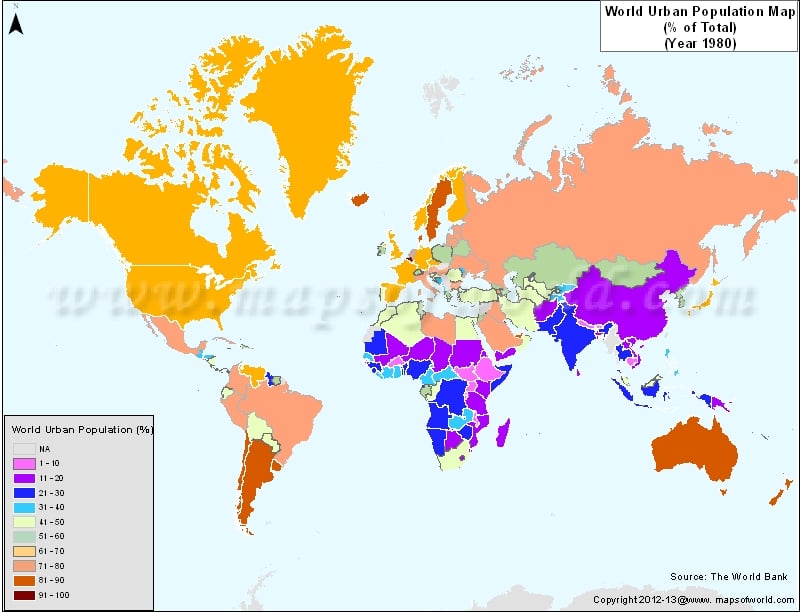 World Urban Population Map in 1980