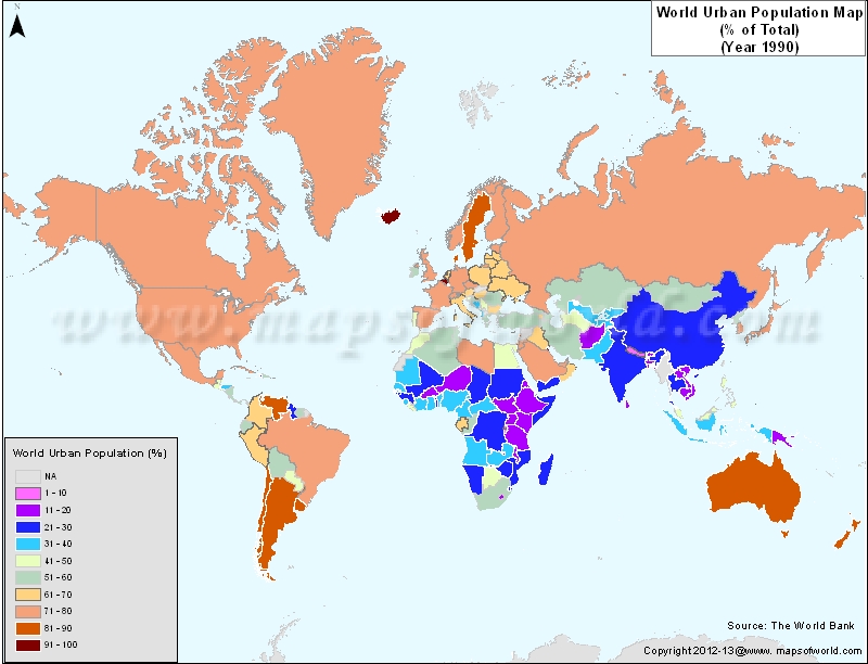 World Urban Population Map in 1990