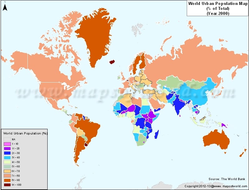 World Urban Population Map in 2000