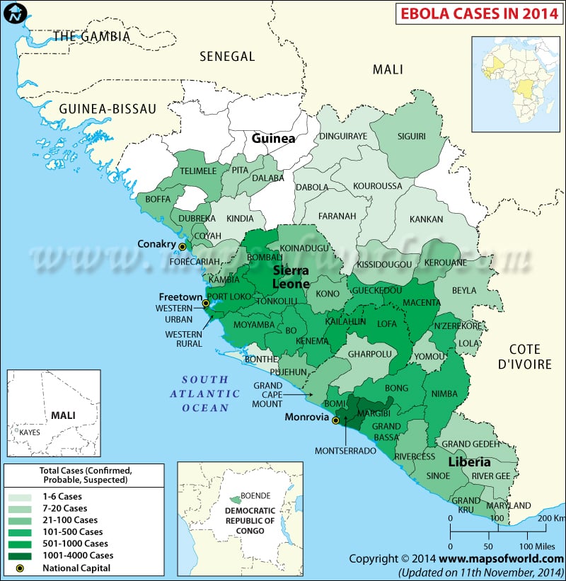 Map of Confirmed Ebola cases in West Africa