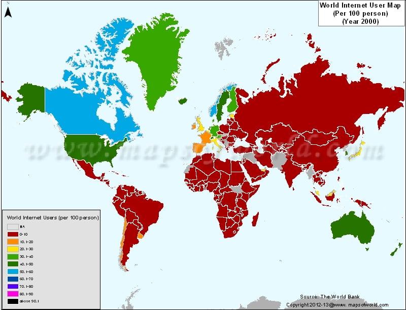 World Internet Users Map in 2000