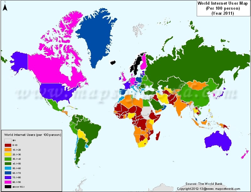 World Internet Users Map in 2011