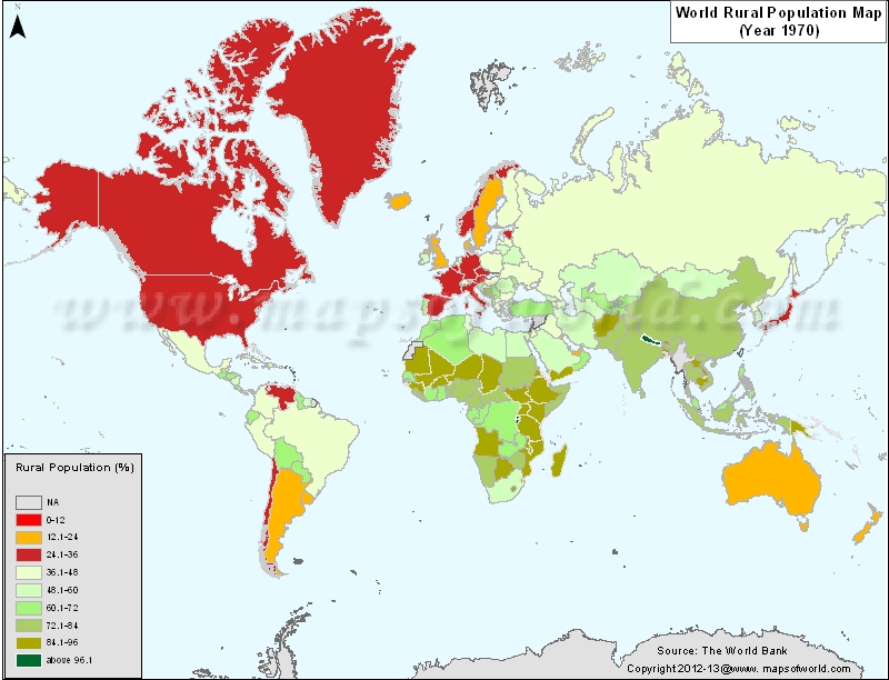 World Rural population Map in 1970