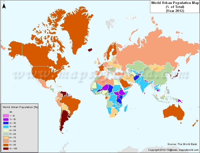 World Urban Population Map in 2012