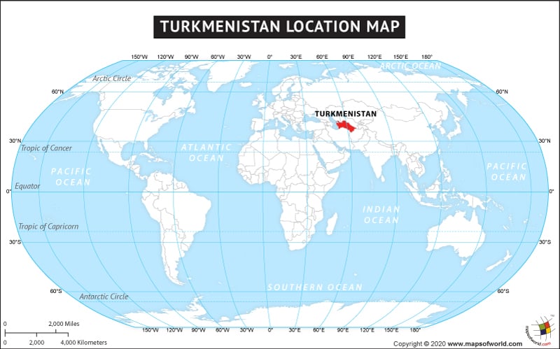 Map of World Depicting Location of Turkmenistan