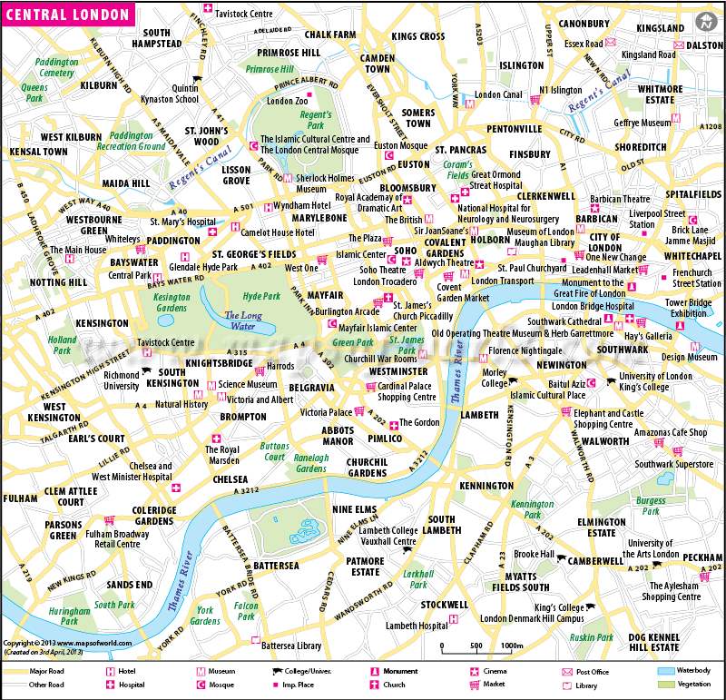 Central London map is a good source for district attractions