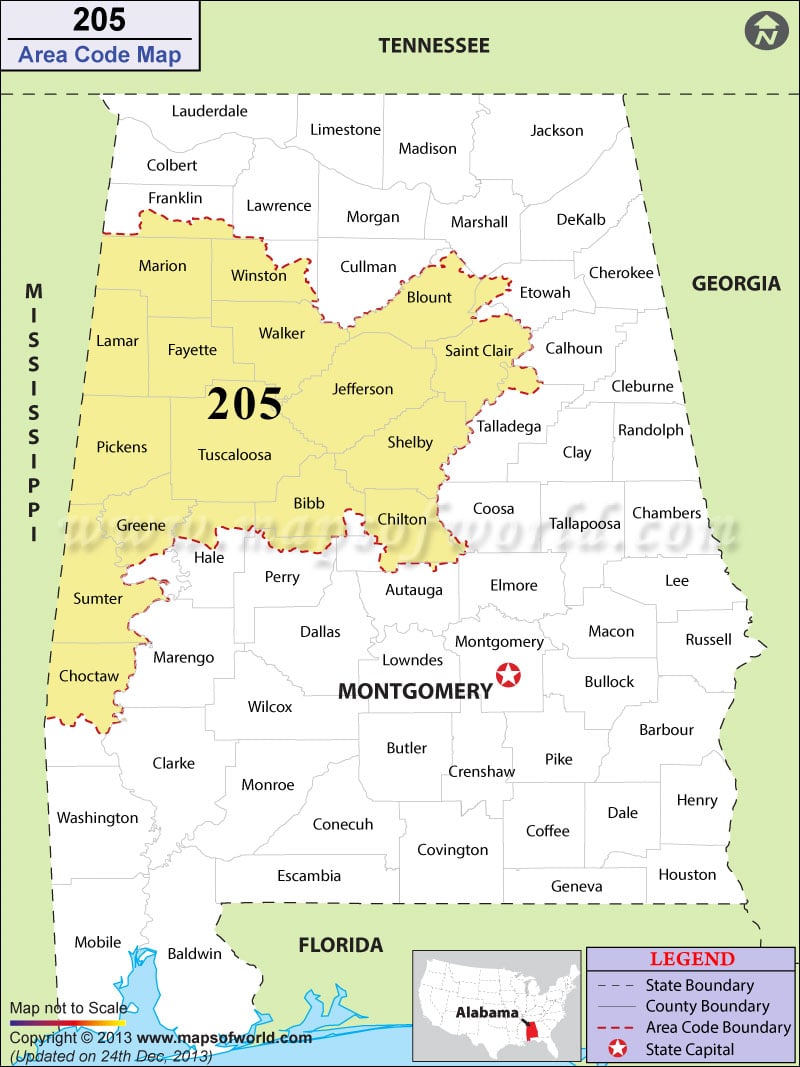 205 Area Codes Map