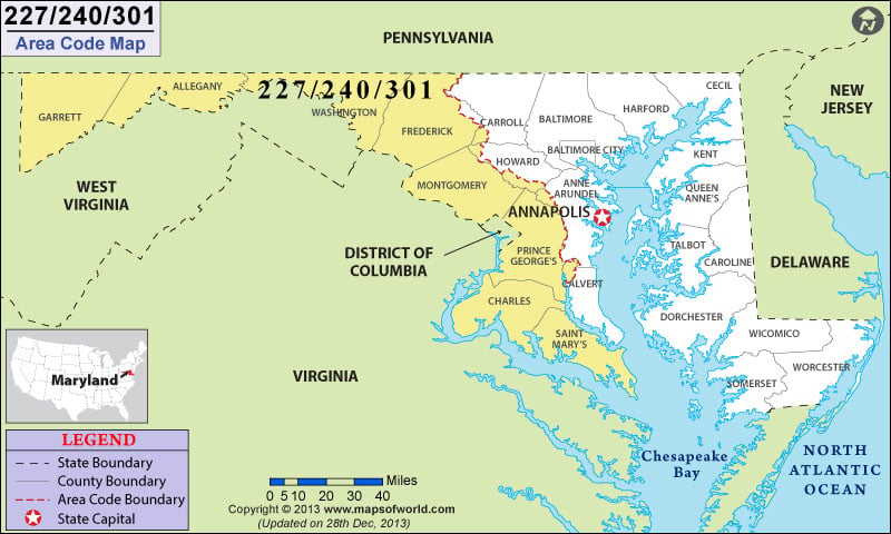 240 Area Code Map, Where is 240 Area Code in Maryland.