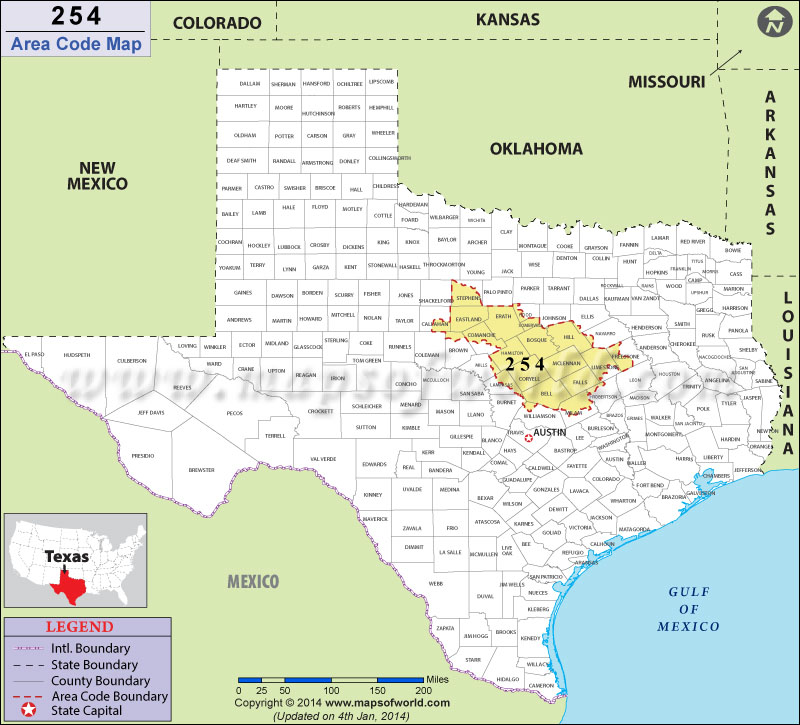 254 Area Codes Map