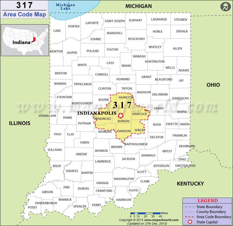 317 Area Code Map, Where is 317 Area Code in Indiana