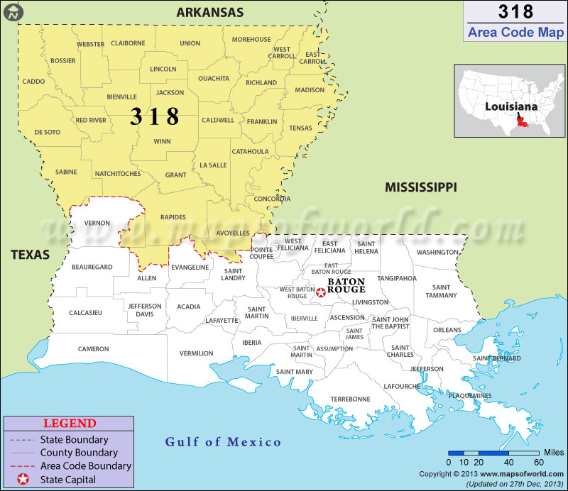 318 Area Code Map, Where is 318 Area Code in Louisiana