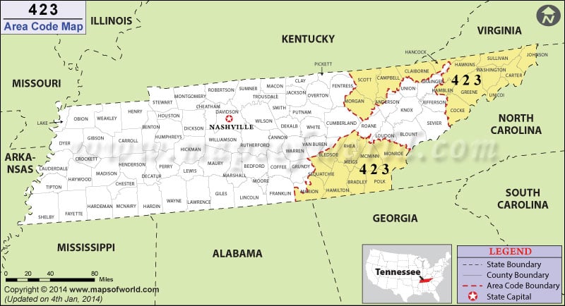 423 Area Code Map, Tennessee.