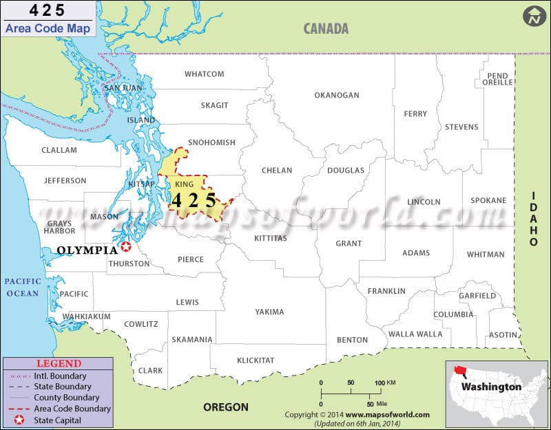 425 Area Code Map, Washington.