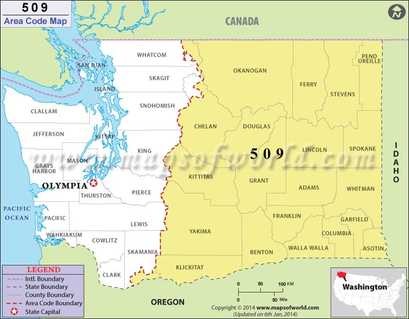 509 Area Code Map, Where is 509 Area Code in Washington.