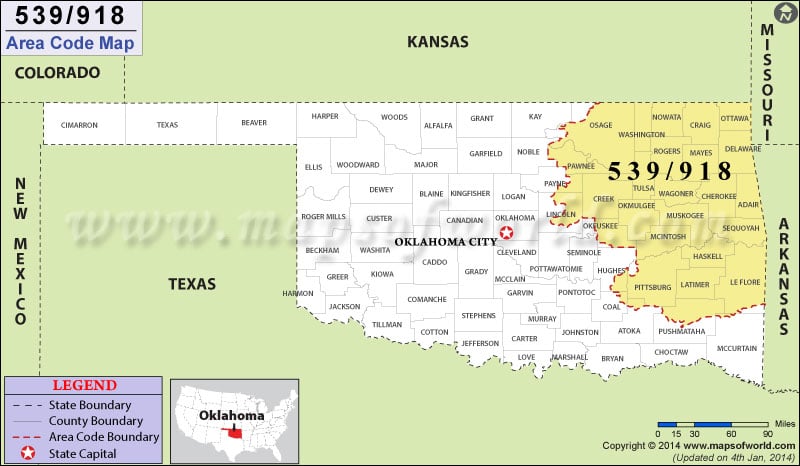 539 Area Code Map, Oklahoma.