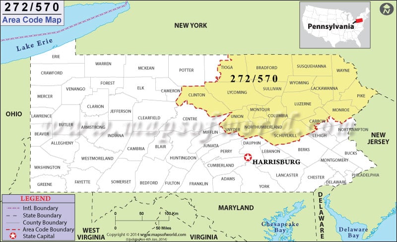 570 Area Code Map, Pennsylvania.
