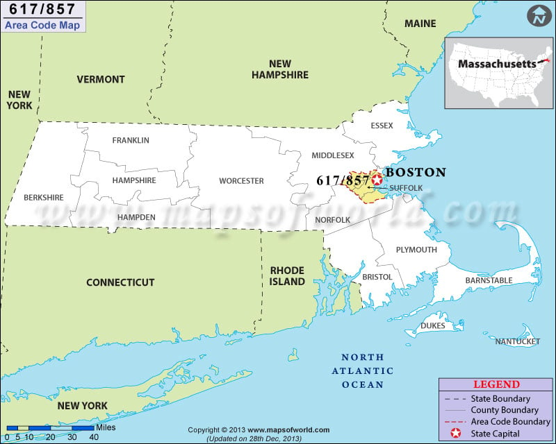 617 Area Code Map, Massachusetts.
